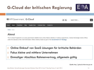 G-Cloud der britischen Regierung
Quelle: http://gcloud.civilservice.gov.uk
 Online Einkauf von SaaS Lösungen für britische Behörden
 Fokus kleine und mittlere Unternehmen
 Einmaliger Abschluss Rahmenvertrag, allgemein gültig
13Jörg Stimmer: Herausforderungen Sourcing & Business Cloud 2013, Swiss IT Sourcing Forum, 5. April 2013
 