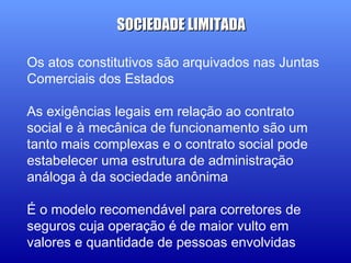 Os atos constitutivos são arquivados nas Juntas
Comerciais dos Estados
As exigências legais em relação ao contrato
social e à mecânica de funcionamento são um
tanto mais complexas e o contrato social pode
estabelecer uma estrutura de administração
análoga à da sociedade anônima
É o modelo recomendável para corretores de
seguros cuja operação é de maior vulto em
valores e quantidade de pessoas envolvidas
SOCIEDADE LIMITADASOCIEDADE LIMITADA
 
