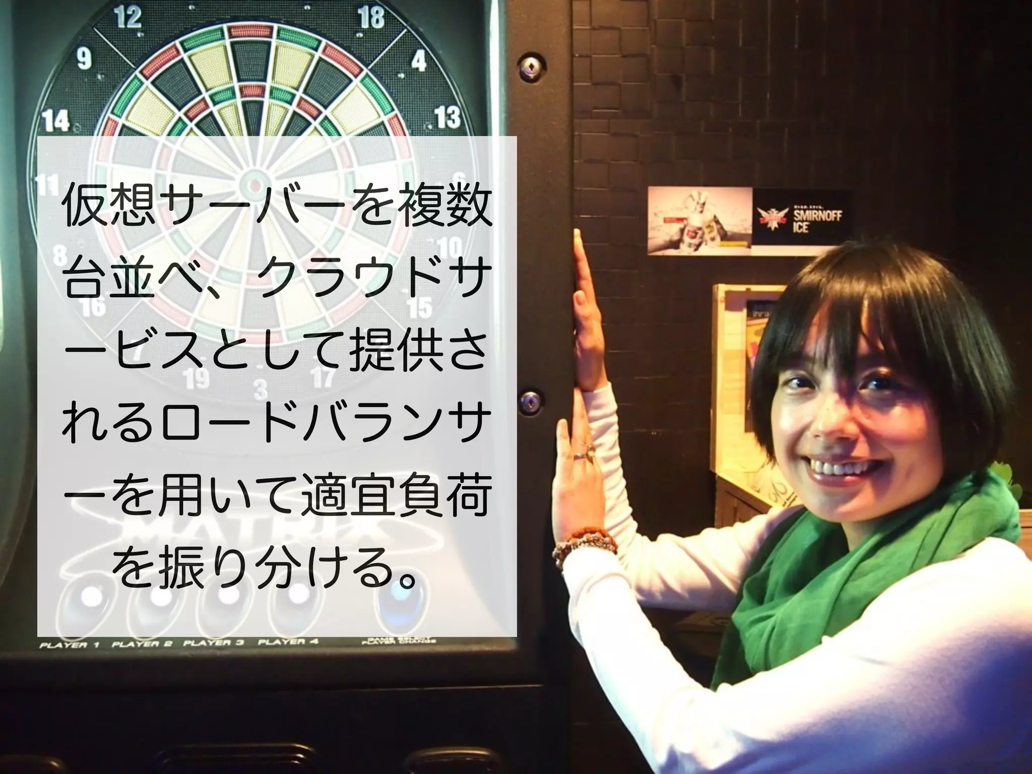 仮想サーバーを複数
台並べ、クラウドサ
ービスとして提供さ
れるロードバランサ
ーを用いて適宜負荷
 を振り分ける。
 