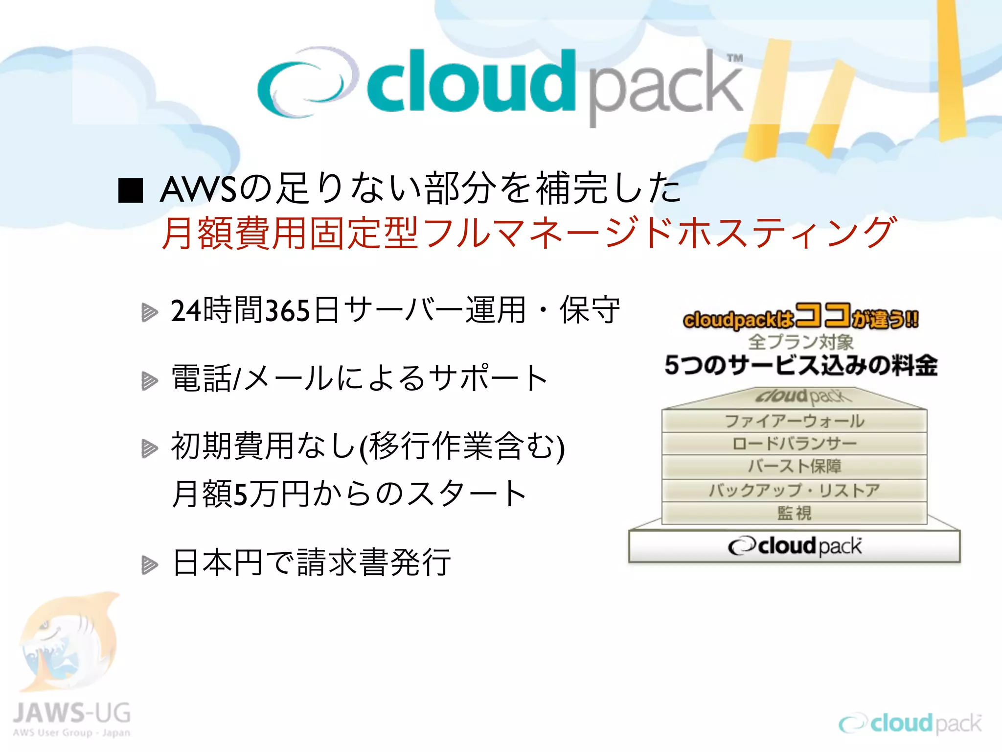 AWSの足りない部分を補完した
月額費用固定型フルマネージドホスティング

24時間365日サーバー運用・保守

電話/メールによるサポート

初期費用なし(移行作業含む)
月額5万円からのスタート

日本円で請求書発行
 
