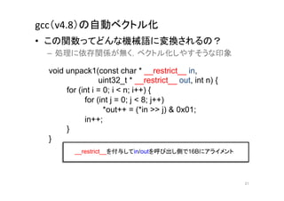 gcc（v4.8）の自動ベクトル化	
•  この関数ってどんな機械語に変換されるの？	
  
 –  処理に依存関係が無く，ベクトル化しやすそうな印象	
  

  void unpack1(const char * __restrict__ in,
                  uint32_t * __restrict__ out, int n) {
       for (int i = 0; i < n; i++) {
             for (int j = 0; j < 8; j++)
                    *out++ = (*in >> j) & 0x01;
             in++;
       }
  }	
          __restrict__を付与してin/outを呼び出し側で16Bにアライメント	




                                                          21	
 
