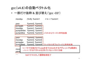 gcc（v4.8）の自動ベクトル化	
      •  一部だけ抜粋	
  	
  並び替え（’gcc	
  -­‐O3’）	
  
      movdqu      (%r9), %xmm1    // in - %xmm1

         pxor        %xmm2, %xmm2
         pcmpgtb     %xmm1, %xmm2
         movdqa      %xmm1, %xmm3
         punpckhbw   %xmm2, %xmm1
      punpcklbw   %xmm2, %xmm3 バイトからワードに符号拡張	

　　　　　　pxor      %xmm2, %xmm2
   movdqa    %xmm3, %xmm4
      pcmpgtw   %xmm3, %xmm2
      punpcklwd %xmm2, %xmm4 ワードからダブルワードに符号拡張	
                ‘n  15’で分岐させてLoopを全てinline化するアグレッシブな最適化
         movdqa       %xmm4, %xmm5
                →’n = 15’はベクトル化されていないパスに分岐	
         pand         %xmm0, %xmm5 // %xmm1=[0x01, 0x01, 0x01, 0x01]
         ....	
                    0x01でマスクして展開処理完了	
                                                                       24	
 