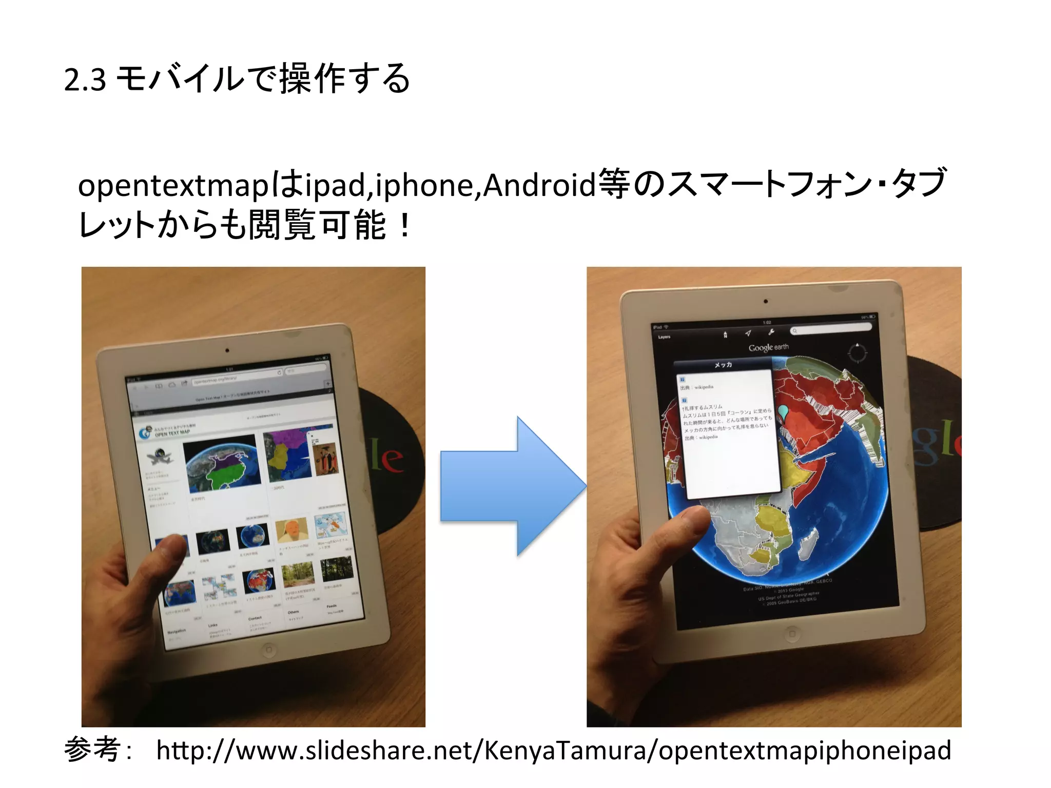 2.3	
  モバイルで操作する	
  


opentextmapはipad,iphone,Android等のスマートフォン・タブ
レットからも閲覧可能！	
  




参考：　hZp://www.slideshare.net/KenyaTamura/opentextmapiphoneipad	
 