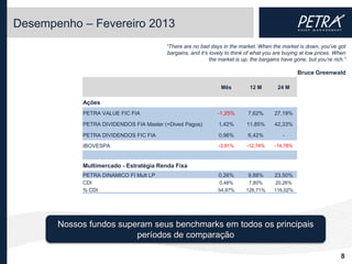 Desempenho – Fevereiro 2013
                                         “There are no bad days in the market. When the market is down, you’ve got
                                         bargains, and it’s lovely to think of what you are buying at low prices. When
                                                            the market is up, the bargains have gone, but you’re rich.”

                                                                                                  Bruce Greenwald

                                                                Mês          12 M        24 M

            Ações
            PETRA VALUE FIC FIA                                -1,25%       7,62%      27,19%

            PETRA DIVIDENDOS FIA Master (+Dived Pagos)         1,42%       11,85%      42,33%

            PETRA DIVIDENDOS FIC FIA                           0,96%        6,42%          -
            IBOVESPA                                           -3,91%      -12,74%      -14,78%



            Multimercado - Estratégia Renda Fixa
            PETRA DINAMICO FI Mult LP                          0,26%        9,88%      23,50%
            CDI                                                 0,48%       7,80%       20,26%
            % CDI                                              54,97%      126,71%     116,02%




       Nossos fundos superam seus benchmarks em todos os principais
                         períodos de comparação

                                                                                                                    8
 