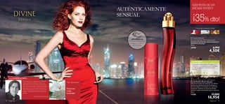 ¡DISFRUTA DE UN
                                                                                     AUTÉNTICAMENTE                        AROMA DIVINO!

                                                                                     SENSUAL
                                                                                                                           ¡35% dto!
                                                                                                                               Frambuesa, Gardenia, Ámbar




                                                                                                                        Divine Sensual
                                                                                           ¡PRUÉBALA!                  Anti-perspirant 24H Deodorant
                                                                                        Desliza la muñeca sobre        Desodorante Roll-On Antitranspirante
                                                                                         la fragancia y disfruta       24H Divine Sensual
                                                                                              de su aroma              50 ml.
                                                                                                                       19795                                        6,95€
                                                                                                                                                              4,50€
                                                                                                              

                                                                                                                        TU OPINIÓN*
                                                                                                                        Me encanta como huele, se la regalé a mi
                                                                                                                        madre por su cumpleaños y está encantada
                                                                                                                        con ella. ¡La vendo fenomenal entre mis
                                                                                                                        clientes!
                                                                                                                                                                    Ta m a r a ,
                                                                                                                                                                     España

                                                                                                                           *310 valoraciones alrededor del mundo

     LA INSPIRACIÓN…
                                                                                                                        Divine Sensual Eau de Parfum
                  Divine Sensual es un tributo a la encantadora                                                        Eau de Parfum Divine Sensual
                  seducción femenina. Revela la esencia de la       Tipo de aroma:
                                                                                                                       Descubre la seducción absoluta con Divine
                  seducción con luminosas notas superiores de                                                          Sensual. Suculentas notas de Frambuesa y
                  Anís estrellado, Arándano y Pomelo. Esconde un                                                       Anís estrellado se combinan con aroma de
                  soﬁsticado corazón aromático de bouquet de
                  ﬂores (Gardenia, Jazmín) y un fondo en el que
                                                                    Floral con                                         Gardenias revelando un fondo de Ámbar,
                                                                                                                       Vainilla y madera de Sándalo que te cautivará.
                  destacan cálidas notas de Vainilla y Madera de    notas                                              50 ml.
                  Sándalo.                                          orientales
                                                                                                                       11430                                       27,00€
                                       Richerd Herpin, Perfumista
                                                                                                                                                          16,95€
78   fragancias                                                                                                                                                fragancias 79
 