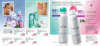 ¡Siente la                   ¡Revive con la                                                 PROTECCIÓN EFECTIVA
                                       frescura del                 energía del                                                    Y CONFIANZA ABSOLUTA
                                       AIRE!                        AGUA!

                                                                                                                                  94%
                                                                                                                                   SENSACIÓN
                                                                                                                                   CALMANTE TRAS
                                                                                                                                                                          90%
                                                                                                                                                                          AXILAS MÁS SUAVES
                                                                                                                                  LA DEPILACIÓN*                        Y SEDOSAS*
                                                                                                                                                                                                • COMPLEJO MINERAL PROTECT
                                                                                                                                            PIEL SENSIBLE
                                                                                                                                                                         PARA TODO TIPO DE PIEL   – protección mineral antitranspirante
                                                                                                                                                                                                    que asegura la máxima frescura
                                                                                                                                                                                                   mientras cuida tu piel.




                                                                                                                                                                                24h
                                                                                                                                                                                                  • DERMATOLÓGICAMENTE
                                                                                                                                                                                                    TESTADO

                                                                                                                                                                                                 • SIN ALCOHOL
                                                                                                                                                                                PROTECCIÓN        • NO DEJA MANCHAS BLANCAS

                                                                                                                                                                                                   Activelle Anti-perspirant
                                                                                                                                                                                                  24h Deodorant Sensitive
                                                                                                                                                                                                 Spray Desodorante Antitranspirante
                                                                                                                                                                                                  Piel Sensible Activelle
                                                                                                                                                                                                  Fórmula en spray sin alcohol que ofrece
                                                                      Swedish Spa                  Swedish Spa                                                                                    una protección 24h. Con extracto de
                                    Swedish Spa                                                 
                                                                                                                                                                                                  Hamamelis que protege la piel sensible.
                                   Hydrating Body Soufﬂé Cream     Stimulating Shower Gel         Nourishing Foot Mask                                                                            150 ml.
                                   Crema-Soufﬂé Hidratante         Gel de Ducha Estimulante       Mascarilla Nutritiva para Pies
                                   Swedish Spa                     Swedish Spa                    Swedish Spa                                                                                     23724                           7,95€
          Tu hogar – Tu Spa
                                   200 ml.
                                   21875                   9,95€
                                                                   200 ml.
                                                                   18481                  6,95€
                                                                                                  100 ml.
                                                                                                  23738                   9,95€                                                                                              5,95€
                                                     7,95€                           4,95€                            7,95€                                                                        Activelle Anti-perspirant
                                                                                                                                                                                                  24h Deodorant Pure Care
                                                                                                                                                                                                  Spray Desodorante Antitranspirante
 Swedish Spa Refreshing            Swedish Spa                    Swedish Spa                                                                                                                  Activelle Pure Care
Anti-perspirant 24h Deodorant      Refreshing Shower Gel           Exfoliating Massage Bar                                                                                                        Spray con agentes protectores que
Desodorante Antitranspirante       Gel de Ducha Refrescante        Jabón en Barra Exfoliante                                                                                                      equilibran la piel dejándola suave y sedosa
24H Swedish Spa                    Swedish Spa                     Swedish Spa                                                                                                                    y protegiéndola de la sequedad.
50 ml.                             200 ml.                         100 g.                                                                                                                         Delicadamente perfumado. 150 ml.
23739                     6,95€    21876                   6,95€   18480                  4,95€                                    *Efectividad basada en test                                    23719                           7,95€
                      4,95€                         4,95€                             3,95€                                                                                                                                  5,95€
                                                                                                                                   de consumo de 86 mujeres



108   aseo personal                                                                                                                                                                                                    aseo personal    109
 