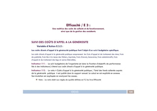 SUIVI DES COÛTS D’APPEL A LA GENEROSITE
Variable d’Action E.3.2 :
Les coûts directs d’appel à la générosité publique font l’objet d’un suivi budgétaire spécifique.
Les coûts directs d’appel à la générosité publique comprennent les frais d’appel et de traitement des dons, frais
Efficacité / E 3 :
Une maîtrise des coûts de collecte et de fonctionnement,
ainsi que de la gestion des excédents
IDEAS 104
de publicité, frais liés à la tenue des fichiers, imprimés, frais d’envois, honoraires, frais administratifs, frais
d’appel et de traitement des legs et autres libéralités;
Indicateur 111 : Le suivi budgétaire de l’organisme (et donc la fixation d’objectifs de performance
liés à des indicateurs) s’étend aux coûts directs d’appel à la générosité publique.
Indicateur 112 : Le ratio « Coûts d’appel à la générosité publique / Total des fonds collectés auprès
de la générosité publique » est publié dans le rapport annuel. Le calcul en est explicité en annexe.
Son évolution est expliquée en analysant les causes.
Nota : Le ratio obéit aux règles de qualité définies en F.2 du livre Efficacité
 