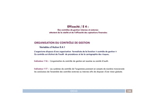 Efficacité / E 4 :
Des contrôles de gestion internes et externes
attestant de la réalité et de l’efficacité des opérations financées
ORGANISATION DU CONTRÔLE DE GESTION
Variables d’Action E.4.1
L’organisme dispose d’une organisation formalisée de la fonction « contrôle de gestion »
Ce contrôle est distinct de l’audit de procédures et de la cartographie des risques.
IDEAS 108
Ce contrôle est distinct de l’audit de procédures et de la cartographie des risques.
Indicateur 116 : L’organisation du contrôle de gestion est soumise au comité d’audit.
Indicateur 117 : Les systèmes de contrôle de l’organisme prennent en compte de manière transversale
les conclusions de l’ensemble des contrôles externes ou internes afin de disposer d’une vision globale.
 