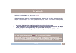• Déclinaison de la mission de l’organisation caritative en Objectifs stratégiques.
• A chaque Objectif sont associés des Variables d’Action qui permettent la mise en œuvre de l’objectif.
Le Guide IDEAS s’appuie sur la méthode OVAR.
Cette méthode permet de décliner sous forme opérationnelle, l’ensemble des indicateurs de la réalisation des
Objectifs qu’une organisation doit se fixer ; ces indicateurs n’ont pas vocation à être érigés en critères absolus.
La Méthode
IDEAS 11
• A chaque Objectif sont associés des Variables d’Action qui permettent la mise en œuvre de l’objectif.
Elles se mesurent au moyen d’indicateurs (ou témoins) et de valeurs cibles.
• Sur le plan opérationnel, des Responsables sont nommés pour impulser les Variables d’Action.
Le Comité Expert a utilisé la méthode OVAR afin de concevoir le Guide IDEAS.
Il s’est appuyé, bien évidemment sur la légalité française, mais également sur les réflexions de
différentes institutions, françaises ou étrangères, afin de faire émerger un guide le plus opérationnel
possible, répondant à la fois à la diversité des actions solidaires et aux objectifs des donateurs.
 