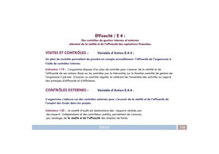 VISITES ET CONTRÔLES - Variable d’Action E.4.3 :
Un plan de contrôle permettant de prendre en compte annuellement l’efficacité de l’organisme à
l’aide de contrôles internes
Indicateur 119 : L’organisme dispose d’un plan de contrôle pour s’assurer de la réalité et de
l’efficacité de ses actions. Basé sur les contrôles par la hiérarchie, sur la fonction contrôle de gestion de
l’organisme il permet d’assurer un contrôle régulier et cohérent de l’ensemble des activités au regard
Efficacité / E 4 :
Des contrôles de gestion internes et externes
attestant de la réalité et de l’efficacité des opérations financées
IDEAS 110
l’organisme il permet d’assurer un contrôle régulier et cohérent de l’ensemble des activités au regard
des principes d’efficacité et d’efficience.
CONTRÔLES EXTERNES - Variable d’Action E.4.4 :
L’organisme s’adosse sur des contrôles externes pour s’assurer de la réalité et de l’efficacité de
l’emploi des fonds dans les projets.
Indicateur 120 : Le comité d’audit est destinataire des rapports réalisés par
des experts indépendants et des contrôleurs publics, permettant de s’assurer,
par sondage, de la réalité et de l’efficacité des emplois de fonds.
 