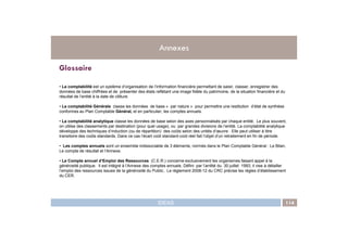 ANNEXES114
Glossaire
• La comptabilité est un système d’organisation de l’information financière permettant de saisir, classer, enregistrer des
données de base chiffrées et de présenter des états reflétant une image fidèle du patrimoine, de la situation financière et du
résultat de l’entité à la date de clôture.
• La comptabilité Générale classe les données de base « par nature » pour permettre une restitution d’état de synthèse
conformes au Plan Comptable Général, et en particulier, les comptes annuels.
• La comptabilité analytique classe les données de base selon des axes personnalisés par chaque entité. Le plus souvent,
Annexes
IDEAS 114
• La comptabilité analytique classe les données de base selon des axes personnalisés par chaque entité. Le plus souvent,
on utilise des classements par destination (pour quel usage), ou par grandes divisions de l’entité. La comptabilité analytique
développe des techniques d’induction (ou de répartition) des coûts selon des unités d’œuvre . Elle peut utiliser à titre
transitoire des coûts standards. Dans ce cas l’écart coût standard-coût réel fait l’objet d’un retraitement en fin de période.
• Les comptes annuels sont un ensemble indissociable de 3 éléments, normés dans le Plan Comptable Général : Le Bilan,
Le compte de résultat et l’Annexe.
• Le Compte annuel d’Emploi des Ressources (C.E.R.) concerne exclusivement les organismes faisant appel à la
générosité publique. Il est intégré à l’Annexe des comptes annuels. Défini par l’arrêté du 30 juillet 1993, il vise à détailler
l’emploi des ressources issues de la générosité du Public.. Le règlement 2008-12 du CRC précise les règles d’établissement
du CER.
 