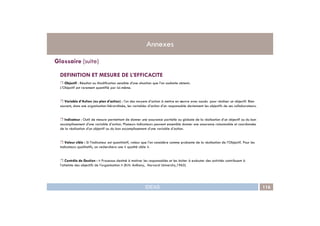 DEFINITION ET MESURE DE L’EFFICACITE
Objectif : Résultat ou Modification sensible d’une situation que l’on souhaite obtenir.
L’Objectif est rarement quantifié par lui-même.
Variable d’Action (ou plan d’action) : l’un des moyens d’action à mettre en œuvre avec succès pour réaliser un objectif. Bien
souvent, dans une organisation hiérarchisée, les variables d’action d’un responsable deviennent les objectifs de ses collaborateurs.
Glossaire (suite)
Annexes
IDEAS 116
Indicateur : Outil de mesure permettant de donner une assurance partielle ou globale de la réalisation d’un objectif ou du bon
accomplissement d’une variable d’action. Plusieurs indicateurs peuvent ensemble donner une assurance raisonnable et coordonnée
de la réalisation d’un objectif ou du bon accomplissement d’une variable d’action.
Valeur cible : Si l’indicateur est quantitatif, valeur que l’on considère comme probante de la réalisation de l’Objectif. Pour les
indicateurs qualitatifs, on recherchera une « qualité cible ».
Contrôle de Gestion : « Processus destiné à motiver les responsables et les inciter à exécuter des activités contribuant à
l’atteinte des objectifs de l’organisation » (R.N. Anthony, Harvard University,1965)
 