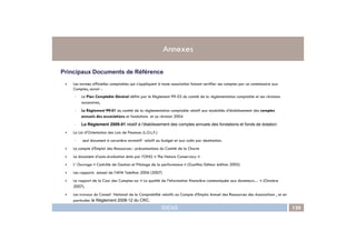 ANNEXES120
Les normes officielles comptables qui s’appliquent à toute association faisant certifier ses comptes par un commissaire aux
Comptes, savoir :
Le Plan Comptable Général défini par le Règlement 99-03 du comité de la règlementation comptable et ses révisions
successives,
Le Règlement 99-01 du comité de la règlementation comptable relatif aux modalités d’établissement des comptes
annuels des associations et fondations et sa révision 2004
Le Règlement 2009-01 relatif à l’établissement des comptes annuels des fondations et fonds de dotation
Annexes
Principaux Documents de Référence
IDEAS 120
Le Règlement 2009-01 relatif à l’établissement des comptes annuels des fondations et fonds de dotation
La Loi d’Orientation des Lois de Finances (L.O.L.F.)
seul document à caractère normatif relatif au budget et aux coûts par destination.
Le compte d’Emploi des Ressources : préconisations du Comité de la Charte
Le document d’auto-évaluation émis par l’ONG « The Nature Conservacy »
L’ Ouvrage « Contrôle de Gestion et Pilotage de la performance » (Guallino Editeur édition 2005)
Les rapports annuel de l’AFM Telethon 2006 (2007)
Le rapport de la Cour des Comptes sur « La qualité de l’information financière communiquée aux donateurs… » (Octobre
2007).
Les travaux du Conseil National de la Comptabilité relatifs au Compte d’Emploi Annuel des Ressources des Associations , et en
particulier le Règlement 2008-12 du CRC.
 