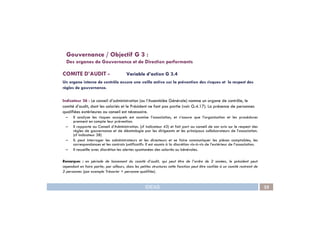 COMITE D’AUDIT - Variable d’action G 3.4
Un organe interne de contrôle assure une veille active sur la prévention des risques et le respect des
règles de gouvernance.
Indicateur 36 : Le conseil d’administration (ou l’Assemblée Générale) nomme un organe de contrôle, le
comité d’audit, dont les salariés et le Président ne font pas partie (voir G.4.17). La présence de personnes
qualifiées extérieures au conseil est nécessaire.
Gouvernance / Objectif G 3 :
Des organes de Gouvernance et de Direction performants
IDEAS 35
qualifiées extérieures au conseil est nécessaire.
– Il analyse les risques auxquels est soumise l’association, et s’assure que l’organisation et les procédures
prennent en compte leur prévention.
– Il rapporte au Conseil d’Administration. (cf indicateur 43) et fait part au conseil de son avis sur le respect des
règles de gouvernance et de déontologie par les dirigeants et les principaux collaborateurs de l’association.
(cf indicateur 38)
– IL peut interroger les administrateurs et les directeurs et se faire communiquer les pièces comptables, les
correspondances et les contrats justificatifs. Il est soumis à la discrétion vis-à-vis de l’extérieur de l’association.
– Il recueille avec discrétion les alertes spontanées des salariés ou bénévoles.
Remarques : en période de lancement du comité d’audit, qui peut être de l’ordre de 2 années, le président peut
cependant en faire partie; par ailleurs, dans les petites structures cette fonction peut être confiée à un comité restreint de
2 personnes (par exemple Trésorier + personne qualifiée).
 