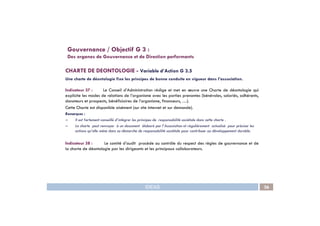 CHARTE DE DEONTOLOGIE - Variable d’Action G 3.5
Une charte de déontologie fixe les principes de bonne conduite en vigueur dans l’association.
Indicateur 37 : Le Conseil d’Administration rédige et met en œuvre une Charte de déontologie qui
explicite les modes de relations de l’organisme avec les parties prenantes (bénévoles, salariés, adhérents,
donateurs et prospects, bénéficiaires de l’organisme, financeurs, …).
Cette Charte est disponible aisément (sur site Internet et sur demande).
Remarques :
Gouvernance / Objectif G 3 :
Des organes de Gouvernance et de Direction performants
IDEAS 36
Remarques :
– Il est fortement conseillé d’intégrer les principes de responsabilité sociétale dans cette charte .
– La charte peut renvoyer à un document élaboré par l’Association et régulièrement actualisé pour préciser les
actions qu’elle mène dans sa démarche de responsabilité sociétale pour contribuer au développement durable.
Indicateur 38 : Le comité d’audit procède au contrôle du respect des règles de gouvernance et de
la charte de déontologie par les dirigeants et les principaux collaborateurs.
 