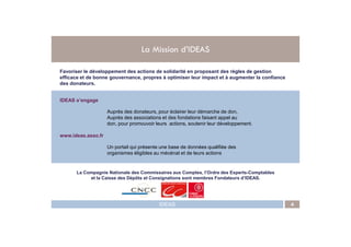 Favoriser le développement des actions de solidarité en proposant des règles de gestion
efficace et de bonne gouvernance, propres à optimiser leur impact et à augmenter la confiance
des donateurs.
IDEAS s’engageIDEAS s’engage
Auprès des donateurs, pour éclairer leur démarche de don,
Auprès des associations et des fondations faisant appel au
don, pour promouvoir leurs actions, soutenir leur développement.
La Mission d’IDEAS
IDEAS 4
don, pour promouvoir leurs actions, soutenir leur développement.
www.ideas.asso.frwww.ideas.asso.fr
Un portail qui présente une base de données qualifiée des
organismes éligibles au mécénat et de leurs actions
La Compagnie Nationale des Commissaires aux Comptes, l’Ordre des Experts-Comptables
et la Caisse des Dépôts et Consignations sont membres Fondateurs d’IDEAS.
 