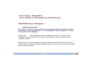 PROCEDURE/ Risques Stratégiques :
Variable d’action G 4.4
Pour prendre en compte les risques stratégiques liés aux grandes orientations de collecte et d’emploi
des ressources, au choix des partenariats (…), une cartographie des risques stratégiques et sectoriels
est incluse dans le Plan stratégique.
Gouvernance / Objectif G 4 :
Face aux RISQUES, des PROCEDURES et des CONTROLES adaptés
IDEAS 43
Indicateur 48 : Une cartographie des risques stratégiques et sectoriels est incluse dans le plan
stratégique. Parmi ces risques, on tiendra compte du risque d’entrisme : choix des adhérents votant à
l’Assemblée Générale.
Certains domaines d’activité et certaines procédures d’adhésion peuvent être propices à des manœuvres
d’entrisme, pouvant modifier profondément le tryptique «missions, vision, valeurs » de l’association. Ce risque
peut être statutairement limité.
 