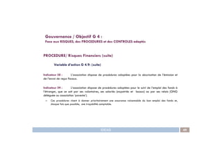 PROCEDURE/ Risques Financiers (suite)
Variable d’action G 4.9: (suite)
Indicateur 58 : L’association dispose de procédures adaptées pour la sécurisation de l’émission et
de l’envoi de reçus fiscaux.
Gouvernance / Objectif G 4 :
Face aux RISQUES, des PROCEDURES et des CONTROLES adaptés
IDEAS 49
de l’envoi de reçus fiscaux.
Indicateur 59 : L’association dispose de procédures adaptées pour le suivi de l’emploi des fonds à
l’étranger, que ce soit par ses volontaires, ses salariés (expatriés et locaux) ou par ses relais (ONG
déléguée ou association ‘parente’).
– Ces procédures visent à donner prioritairement une assurance raisonnable du bon emploi des fonds et,
chaque fois que possible, une traçabilité comptable.
 