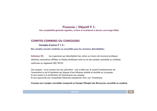 COMPTES COMBINES OU CONSOLIDES
Variable d’action F 1.5 :
Des comptes annuels combinés ou consolidés pour les structures démultipliées.
Indicateur 82 : Les organismes qui démultiplient leur action au travers de structures juridiques
Financier / Objectif F 1:
Une comptabilité générale régulière, sincère et contribuant à donner une image fidèle
IDEAS 73
Indicateur 82 : Les organismes qui démultiplient leur action au travers de structures juridiques
distinctes, associations affiliées ou filiales, établissent selon le cas des comptes consolidés ou combinés
conformes au règlement CRC 99-02.
Ces comptes - et en premier lieu leur périmètre - sont arrêtés par le conseil d’administration de
l’association ou de la fondation qui dispose d’une influence notable et durable sur le groupe.
Ils sont soumis à la certification du Commissaire aux comptes.
Ils sont approuvés par l’assemblée Générale compétente. (N.A. aux Fondations)
L’annexe aux comptes consolidés comprend un Compte d’Emploi des Ressources consolidé ou combiné.
 