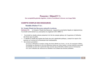 COMPTE D’EMPLOI DES RESSOURCES
Variable d’Action F 1.6 :
Un Compte d’Emploi des Ressources exhaustif et conforme.
Indicateur 83 : Le Compte d’ Emploi des Ressources respecte les prescriptions légales et réglementaires;
il est établi conformément aux prescriptions du règlement C.R.C 2008-12.
• Il est établi en double colonne présentant à la fois les comptes globaux de l’organisme et l’utilisation
Financier / Objectif F 1:
Une comptabilité générale régulière, sincère et contribuant à donner une image fidèle
IDEAS 74
• Il est établi en double colonne présentant à la fois les comptes globaux de l’organisme et l’utilisation
des fonds reçus du public,
• Il détaille la totalité des emplois des fonds issus de la générosité publique, y compris les reports d’un
exercice sur le suivant et le financement des investissements
• Ses annexes permettent :
- De suivre l’ affectation sur plusieurs années des fonds collectés (au travers – ou non- de campagnes ciblées),
- De détailler les utilisations au titre des différentes missions par nature (achats, services extérieurs, personnel)
- De détailler la nature de la générosité (dons manuels, legs et libéralités, mécénat privé et d’entreprises)
- De suivre l’utilisation des ressources non affectées et non utilisées des exercices précédents
 