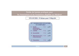 FINANCIER : 15 thèmes pour 3 Objectifs
F2 : INFORMATION FINANCIERE
ET COMPTABLE
8 Qualité
(présentation,
F 2.1 p. 15
Guide de bonnes pratiques pour
les Associations et les Fondations éligibles au Mécénat
IDEAS 77
(présentation,
conformité, délai)
9 Lisibilité F 2.2 p. 17
10 Accessibilité F 2.3 p. 18
11 Rôle financier du C.
d’Administration
F 2.4 p. 19
12 Présentation F 2.5 p. 20
 