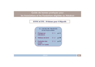 EFFICACITE : 10 thèmes pour 4 Objectifs
E 1 : OUTILS DE PILOTAGE
ET D’ EVALUATION
1 Pilotage par E 1.1 p. 6
Guide de bonnes pratiques pour
les Associations et les Fondations éligibles au Mécénat
IDEAS 91
1 Pilotage par
indicateurs
E 1.1 p. 6
2 Tableaux de bord E 1.2 p. 10
3 Evaluation des
projets
(ante + in + post)
E 1.3 p. 11
 