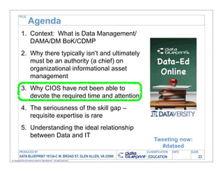 TITLE

                     Agenda
            1. Context: What is Data Management/
               DAMA/DM BoK/CDMP
            2. Why there typically isn’t and ultimately
               must be an authority (a chief) on
               organizational informational asset
               management
            3. Why CIOS have not been able to
               devote the required time and attention
            4. The seriousness of the skill gap –
               requisite expertise is rare
            5. Understanding the ideal relationship
               between Data and IT
                                                                                   Tweeting now:
                                                                                     #dataed
         PRODUCED BY                                                           CLASSIFICATION   DATE   SLIDE
          DATA BLUEPRINT 10124-C W. BROAD ST, GLEN ALLEN, VA 23060             EDUCATION                   23
© Copyright this and previous years by Data Blueprint - all rights reserved!
 