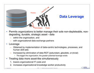 T
                                                                                 s RO
                                                                             s
                                             Process                   Le

                                                                                                                                                    Data Leverage


                                                  Technologies                          People

   • Permits organizations to better manage their sole non-depleteable, non-
     degrading, durable, strategic asset - data
                   – within the organization, and
                   – with organizational data exchange partners
   • Leverage
                   – Obtained by implementation of data-centric technologies, processes, and
                     human skill sets
                   – Increased by elimination of data ROT (redundant, obsolete, or trivial)
                         • The bigger the organization, the greater potential leverage exists
   • Treating data more asset-like simultaneously
                   1. lowers organizational IT costs and
                   2. increases organizational knowledge worker productivity
32 - datablueprint.com                                 3/14/2013   ©   Copyright this and previous years by Data Blueprint - all rights reserved!
 