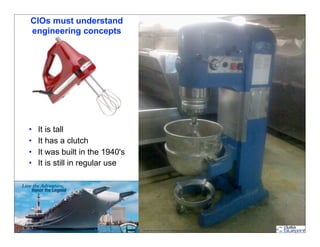 CIOs must understand
              engineering concepts




            •            It is tall                                                        USS Midway
            •            It has a clutch                                                   & Pancakes
            •            It was built in the 1940's
            •            It is still in regular use




35 - datablueprint.com                                3/14/2013   ©   Copyright this and previous years by Data Blueprint - all rights reserved!
 