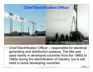 Chief Electrification Officer




   • Chief Electrification Officer – responsible for electrical
     generating and distribution systems. The title was
     used mainly in developed countries from the 1880s to
     1940s during the electrification of industry, but is still
     used in some developing countries.
44 - datablueprint.com           3/14/2013   ©   Copyright this and previous years by Data Blueprint - all rights reserved!
 