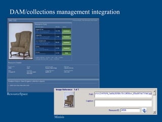 DAM/collections management integration




ResourceSpace




                Minisis
 