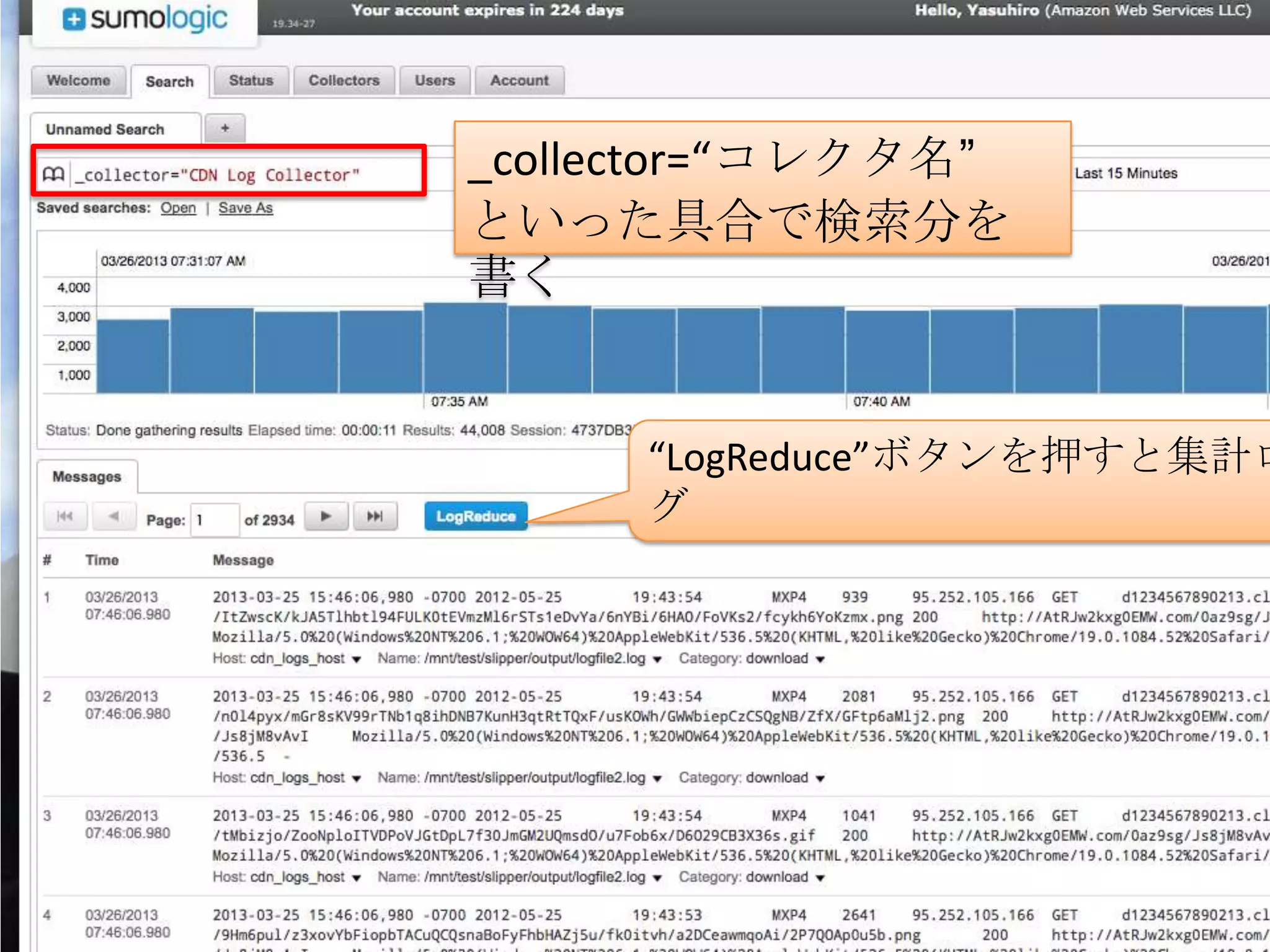 _collector=“コレクタ名”
といった具合で検索分を
書く


     “LogReduce”ボタンを押すと集計ロ
     グ
 