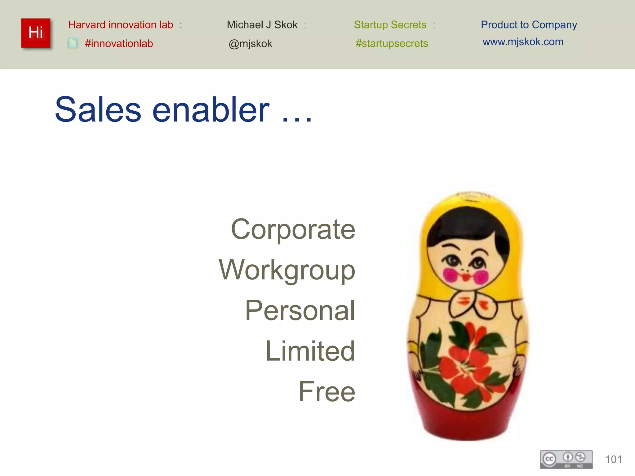 Harvard innovation lab :   Michael J Skok :   Startup Secrets :   Product to Company
Hi                                                                     www.mjskok.com
        #innovationlab          @mjskok            #startupsecrets




     Sales enabler …


                                Corporate
                                Workgroup
                                 Personal
                                   Limited
                                     Free

                                                                                            101
 