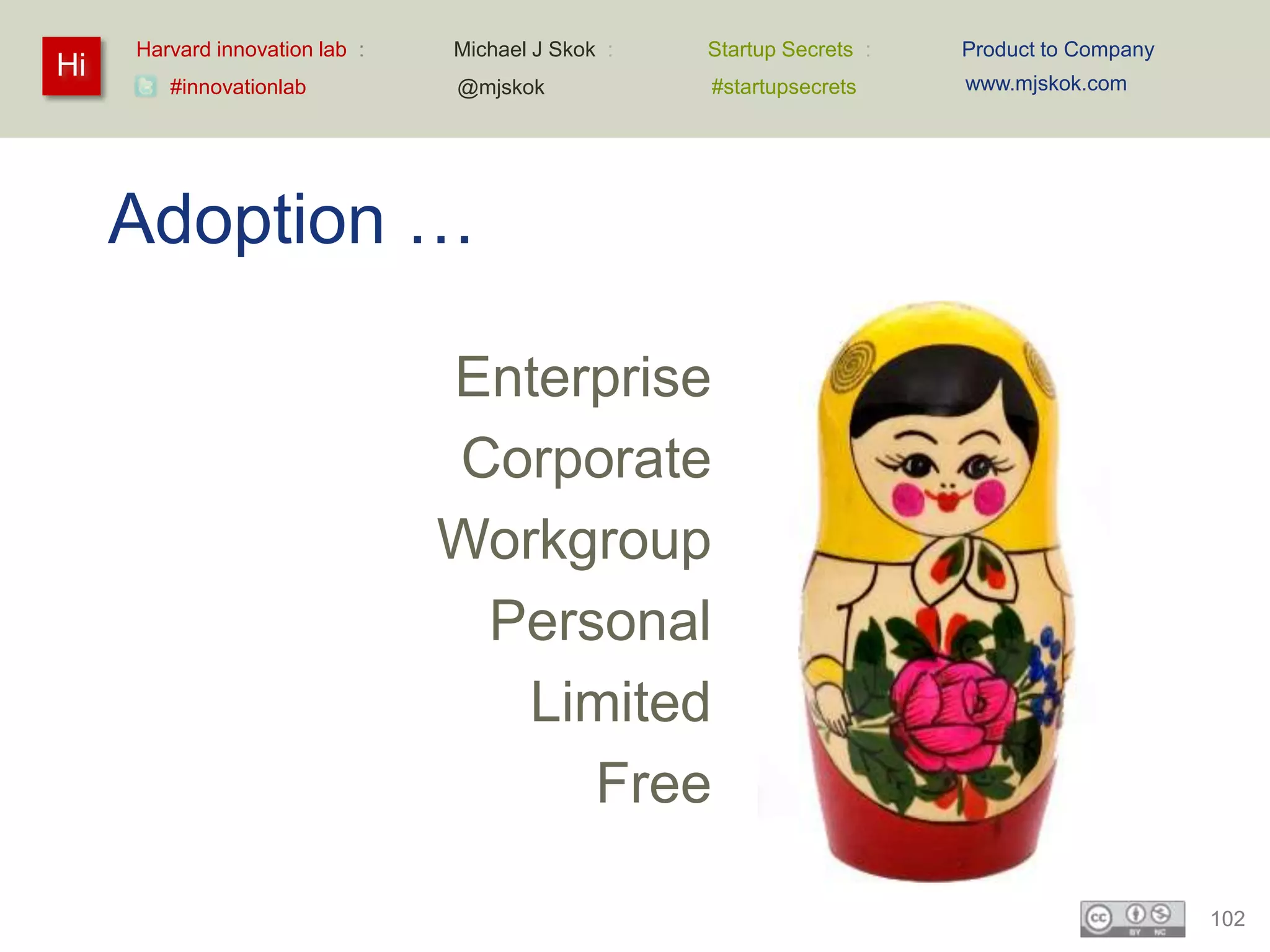 Harvard innovation lab :   Michael J Skok :   Startup Secrets :   Product to Company
Hi                                                                     www.mjskok.com
        #innovationlab          @mjskok            #startupsecrets




     Adoption …

                                Enterprise
                                Corporate
                                Workgroup
                                 Personal
                                   Limited
                                     Free

                                                                                            102
 