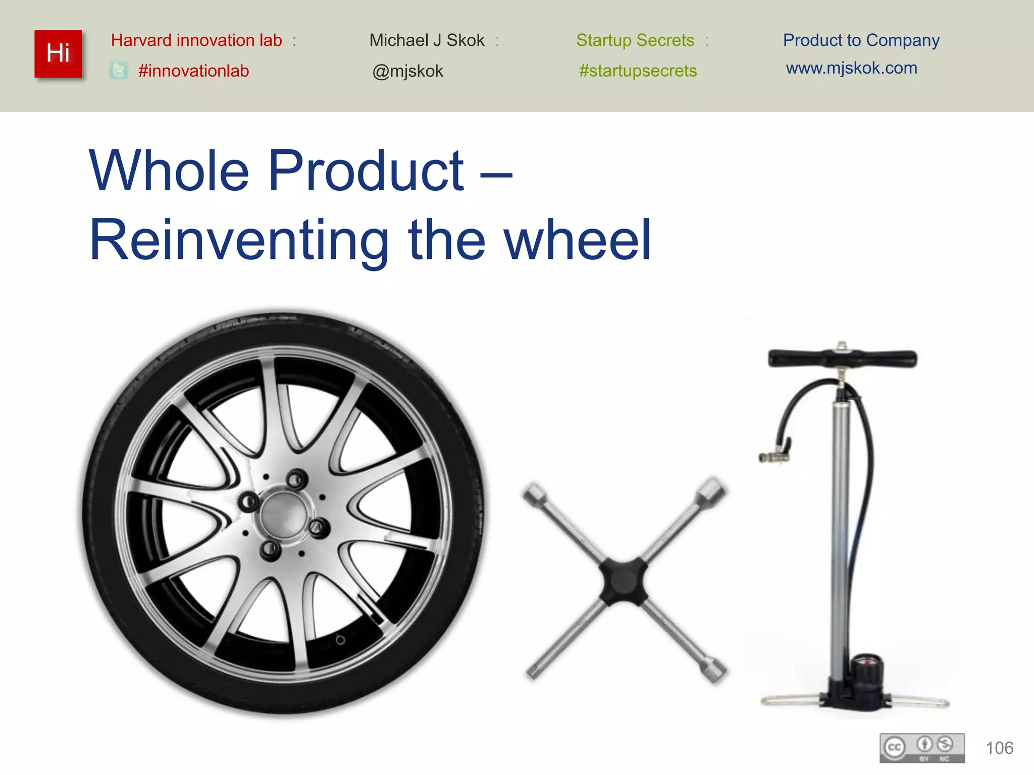 Harvard innovation lab :   Michael J Skok :   Startup Secrets :   Product to Company
Hi                                                                     www.mjskok.com
        #innovationlab          @mjskok            #startupsecrets




     Whole Product –
     Reinventing the wheel




                                                                                            106
 