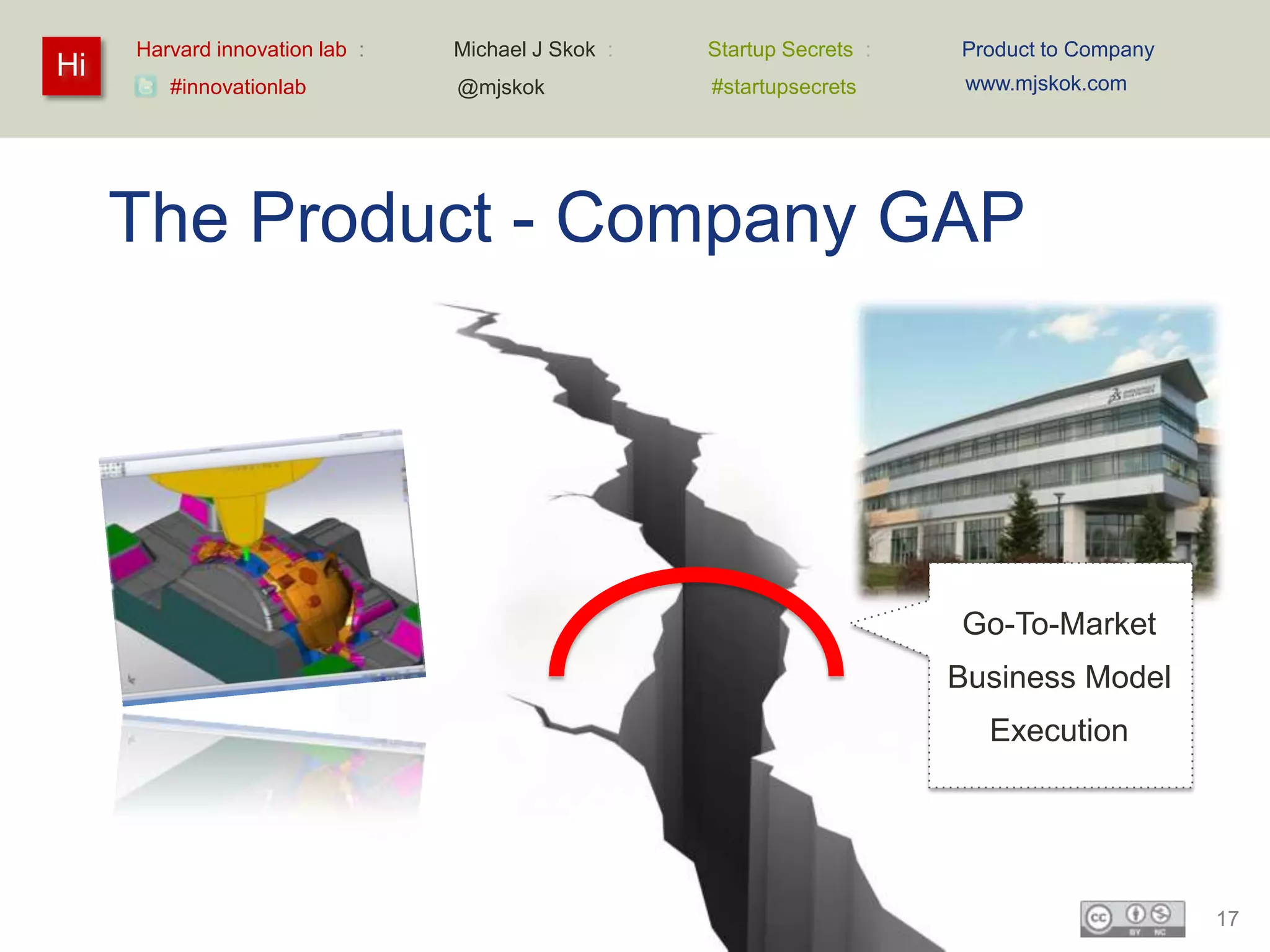 Harvard innovation lab :   Michael J Skok :   Startup Secrets :   Product to Company
Hi                                                                      www.mjskok.com
        #innovationlab          @mjskok            #startupsecrets




     The Product - Company GAP




                                                                       Go-To-Market
                                                                       Business Model
                                                                          Execution




                                                                                            17
 