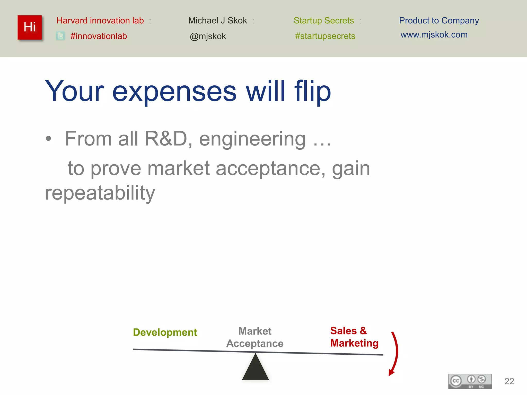 Harvard innovation lab :     Michael J Skok :       Startup Secrets :    Product to Company
Hi                                                                             www.mjskok.com
         #innovationlab            @mjskok                #startupsecrets




     Your expenses will flip
     • From all R&D, engineering …
       to prove market acceptance, gain
     repeatability




                          Development          Market              Sales &
                                             Acceptance            Marketing


                                                                                                    22
 