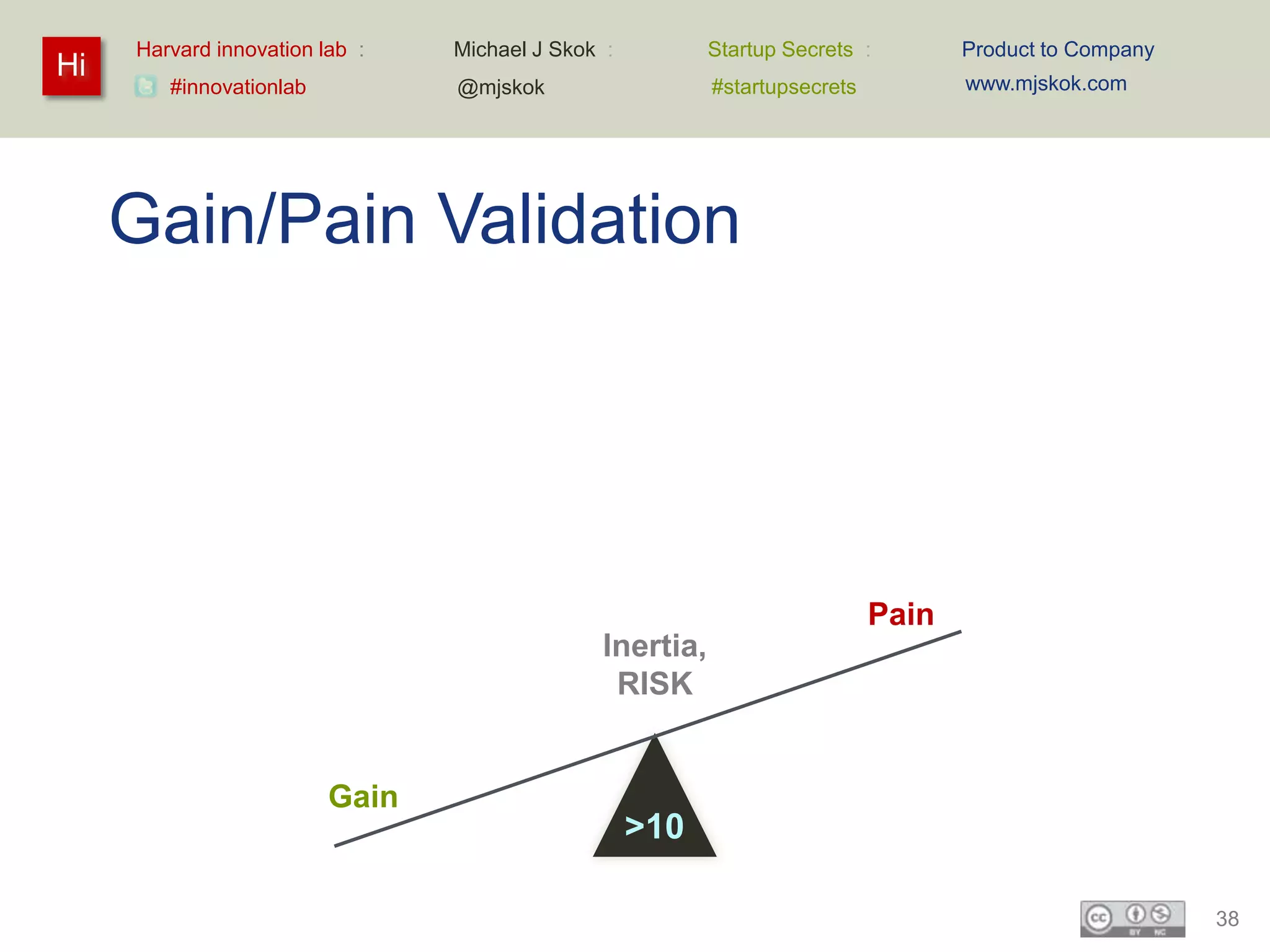 Harvard innovation lab :   Michael J Skok :         Startup Secrets :        Product to Company
Hi                                                                                www.mjskok.com
        #innovationlab          @mjskok                  #startupsecrets




     Gain/Pain Validation




                                                                           Pain
                                              Inertia,
                                               RISK


                         Gain
                                                   >10

                                                                                                       38
 