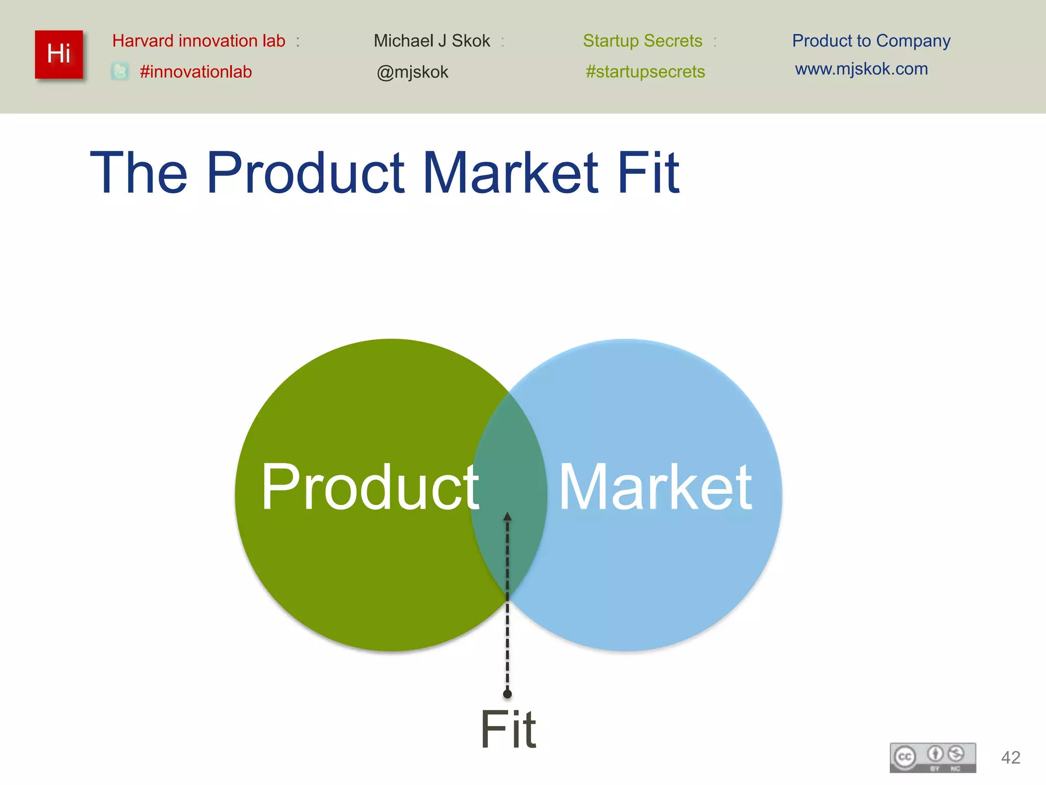 Harvard innovation lab :   Michael J Skok :   Startup Secrets :   Product to Company
Hi                                                                     www.mjskok.com
        #innovationlab          @mjskok            #startupsecrets




     The Product Market Fit




                         Product                   Market


                                            Fit                                             42
 