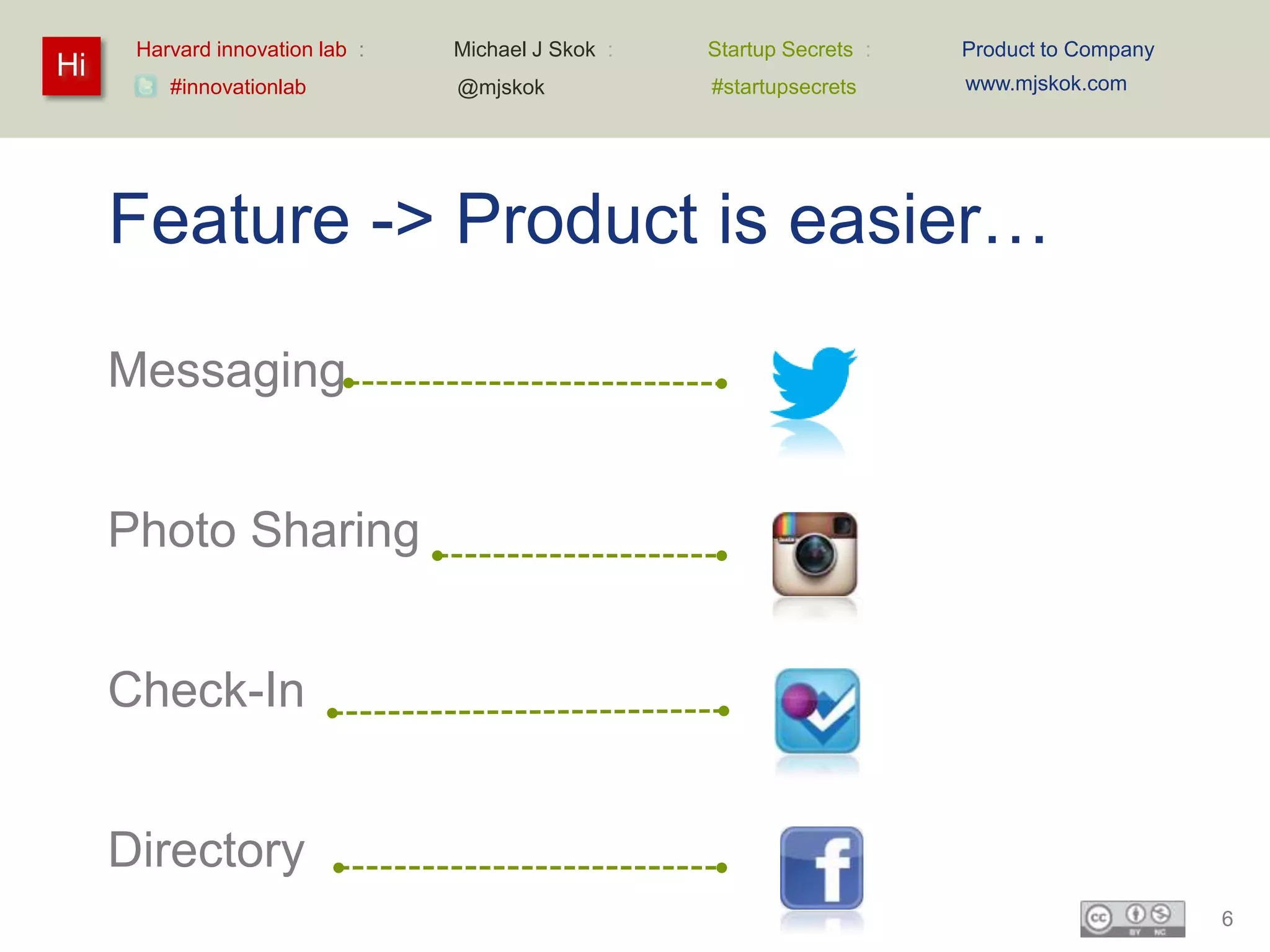 Harvard innovation lab :   Michael J Skok :   Startup Secrets :   Product to Company
Hi                                                                      www.mjskok.com
         #innovationlab          @mjskok            #startupsecrets




     Feature -> Product is easier…

     Messaging


     Photo Sharing


     Check-In


     Directory
                                                                                             6
 