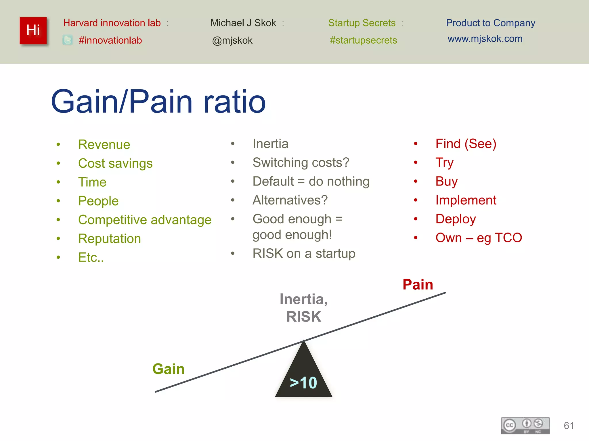 Harvard innovation lab :   Michael J Skok :         Startup Secrets :         Product to Company
Hi                                                                                     www.mjskok.com
            #innovationlab          @mjskok                  #startupsecrets




     Gain/Pain ratio
     •      Revenue                     •    Inertia                             •    Find (See)
     •      Cost savings                •    Switching costs?                    •    Try
     •      Time                        •    Default = do nothing                •    Buy
     •      People                      •    Alternatives?                       •    Implement
     •      Competitive advantage       •    Good enough =                       •    Deploy
     •      Reputation                       good enough!                        •    Own – eg TCO
     •      Etc..                       •    RISK on a startup

                                                                               Pain
                                                  Inertia,
                                                   RISK


                             Gain
                                                       >10

                                                                                                            61
 