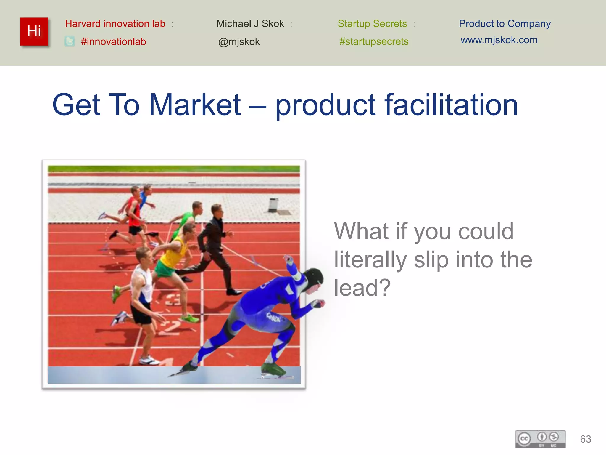 Harvard innovation lab :   Michael J Skok :   Startup Secrets :   Product to Company
Hi                                                                      www.mjskok.com
         #innovationlab          @mjskok            #startupsecrets




     Get To Market – product facilitation



                                                    What if you could
                                                    literally slip into the
                                                    lead?




                                                                                             63
 