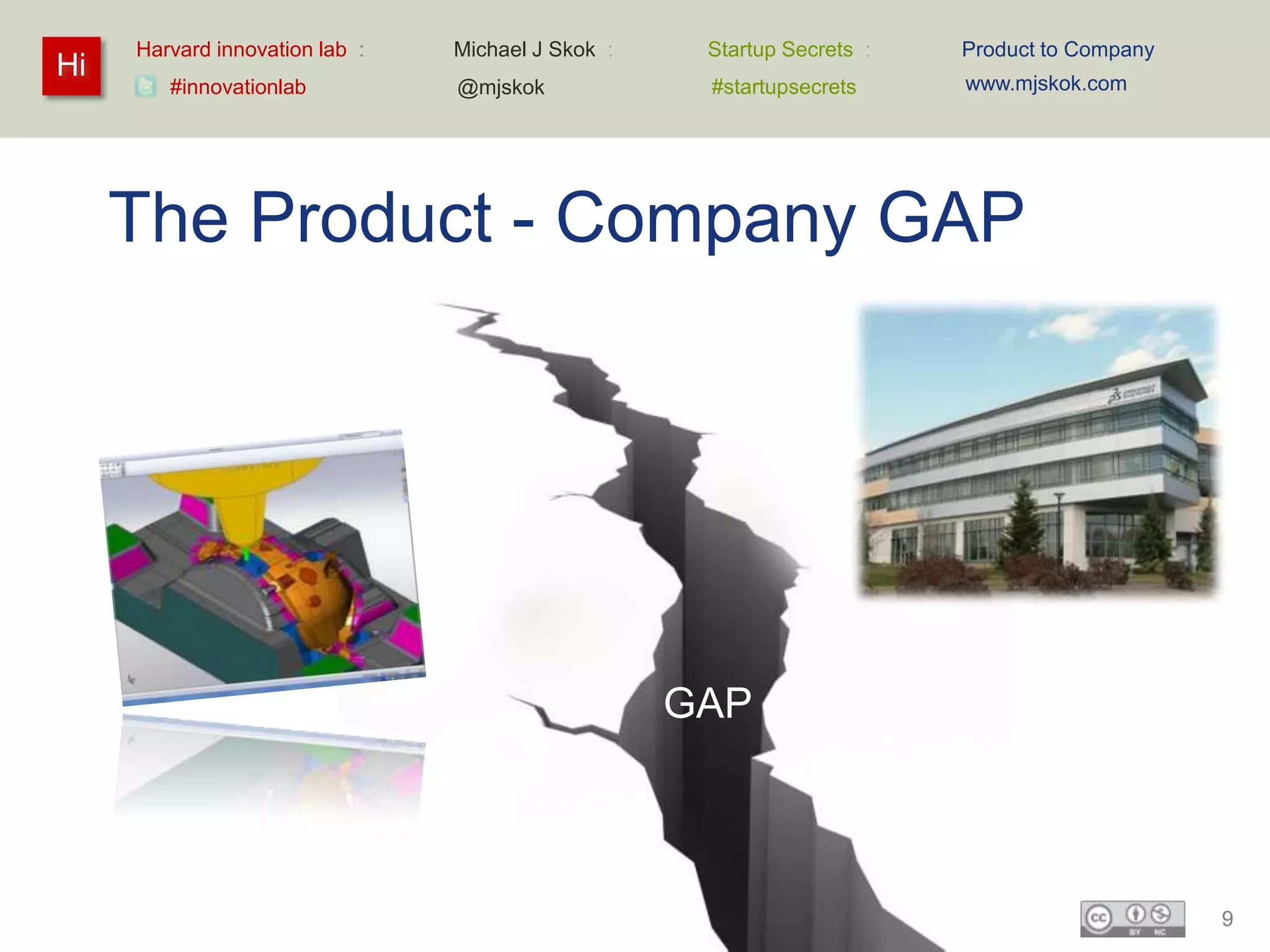 Harvard innovation lab :   Michael J Skok :    Startup Secrets :   Product to Company
Hi                                                                      www.mjskok.com
        #innovationlab          @mjskok             #startupsecrets




     The Product - Company GAP




                                                   GAP



                                                                                             9
 