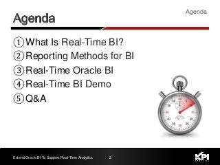 ①What Is Real-Time BI?
②Reporting Methods for BI
③Real-Time Oracle BI
④Real-Time BI Demo
⑤Q&A
Agenda
Extend Oracle BI To Support Real-Time Analytics 2
 