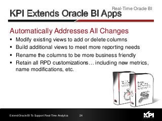 24
Real-Time Oracle BI
Extend Oracle BI To Support Real-Time Analytics
Automatically Addresses All Changes
 Modify existing views to add or delete columns
 Build additional views to meet more reporting needs
 Rename the columns to be more business friendly
 Retain all RPD customizations… including new metrics,
name modifications, etc.
 