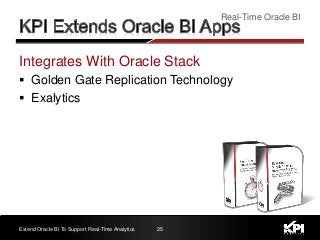 25
Real-Time Oracle BI
Extend Oracle BI To Support Real-Time Analytics
Integrates With Oracle Stack
 Golden Gate Replication Technology
 Exalytics
 