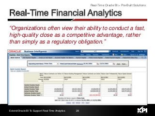 “Organizations often view their ability to conduct a fast,
high-quality close as a competitive advantage, rather
than simply as a regulatory obligation.”
Key Functionality & Areas of Analysis
Extend Oracle BI To Support Real-Time Analytics 28
 Invoice Exceptions
 Adjustments
 Unapplied Receipts
 Available Credit
 Journal Entry Reconciliation
 Un-posted Items Exceptions
 Invoices On Hold
 Prepayment Status
 Unmatched Invoices
 Goods Received Not Invoiced
 Void Payments
 Asset Additions & Retirements
Real-Time Oracle BI > Pre-Built Solutions
 