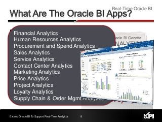 ANALYTICS
Oracle BI Gazette
 Pre-Built Analytic Content
 Plugs into ERP
 Leverages OBIEE
 Classic BI Model
 Functional Area Focus
8
Real-Time Oracle BI
Extend Oracle BI To Support Real-Time Analytics
“Oracle BI Apps is like the pre-built
content for your daily newspaper”
Financial Analytics
Human Resources Analytics
Procurement and Spend Analytics
Sales Analytics
Service Analytics
Contact Center Analytics
Marketing Analytics
Price Analytics
Project Analytics
Loyalty Analytics
Supply Chain & Order Mgmt Analytics
 