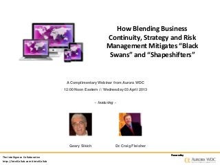 How Blending Business
                                                               Continuity, Strategy and Risk
                                                               Management Mitigates “Black
                                                                Swans” and “Shapeshifters”


                                       A Complimentary Webinar from Aurora WDC
                                      12:00 Noon Eastern /// Wednesday 03 April 2013


                                                        ~ featuring ~




                                         Geary Sikich               Dr. Craig Fleisher

                                                                                         Powered by
The Intelligence Collaborative
http://IntelCollab.com #IntelCollab
 