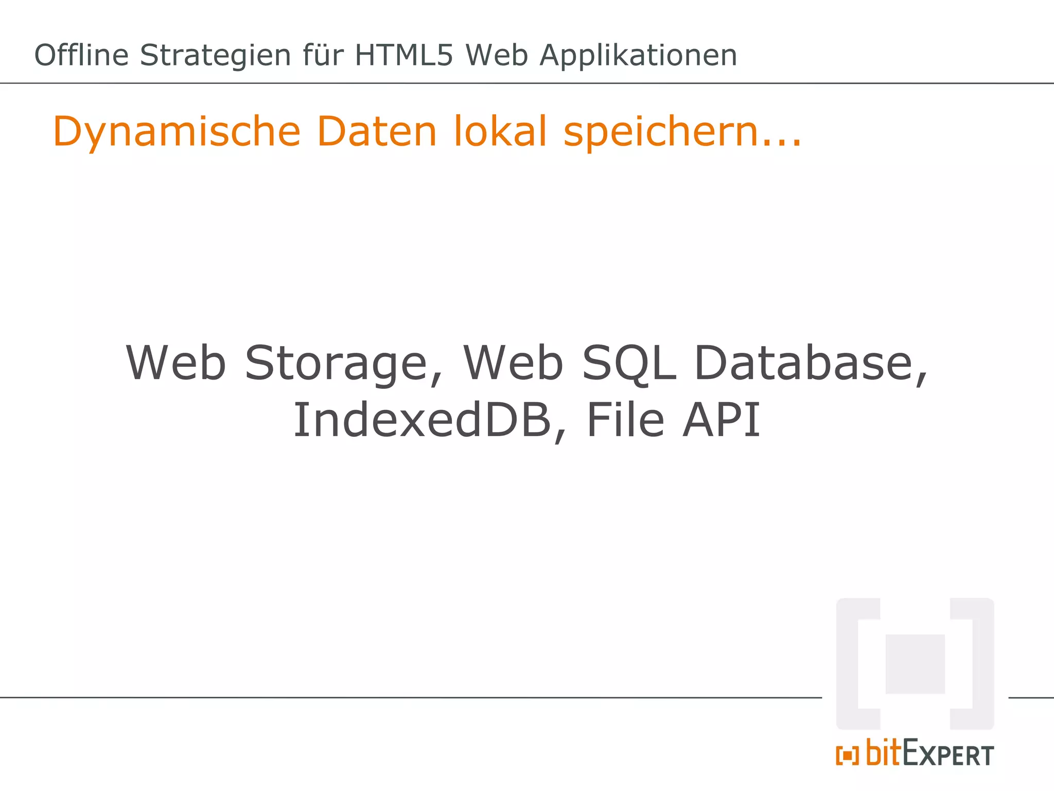 Offline Strategien für HTML5 Web Applikationen

 Dynamische Daten lokal speichern...




     Web Storage, Web SQL Database,
           IndexedDB, File API
 